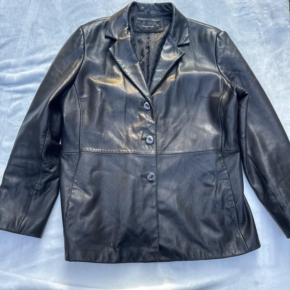Jones New York Leather Jacket Womens 12 Black 3 Button Blazer Notch Lapel Lined